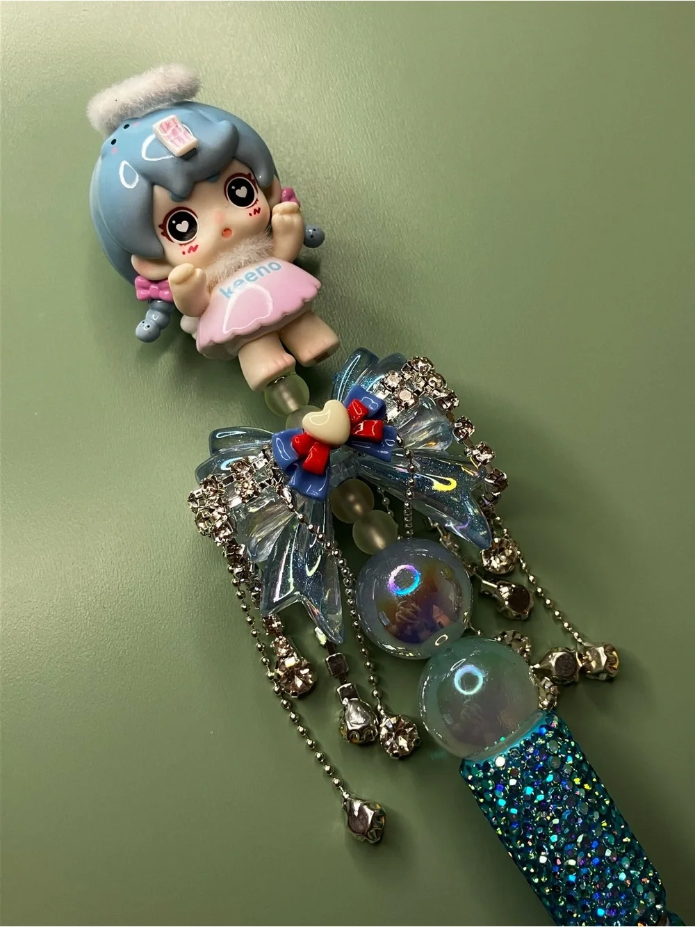 Keeno Angel with Fancy Rhinestone Dangle Bow Handmade Beaded Pen